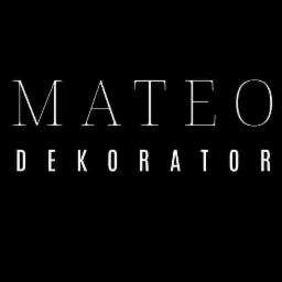 Logo firmy 'MATEO DEKORATOR' na czarnym tle, napisane białymi, eleganckimi literami.