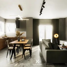 Wizualizacja wnętrza mieszkania w szarościach z drewnianymi akcentami: kuchnia z jadalnią i salon z szarą sofą, plakat Szczecina na ścianie.