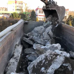 Żółta koparka z łyżką wsypuje gruz do skrzyni ciężarówki, w tle budynki mieszkalne i drzewa.