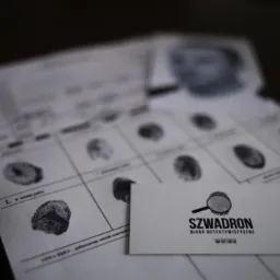 Karta daktyloskopijna z odciskami palców i wizerunkiem osoby, obok wizytówka biura detektywistycznego Szwadron z lupą.