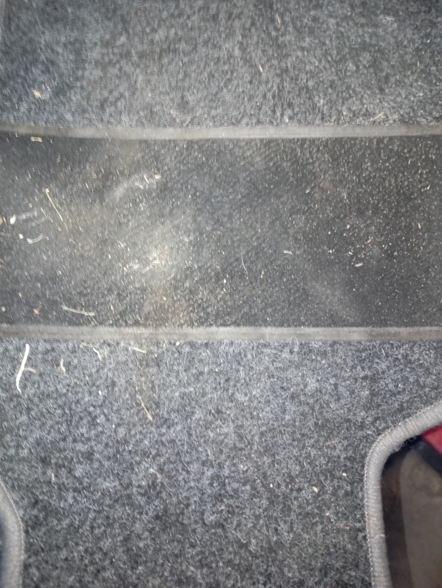 Szary dywanik samochodowy z widocznymi zabrudzeniami, włosami i kurzem, podzielony na sekcje. Fragment czerwonego elementu w prawym dolnym rogu.