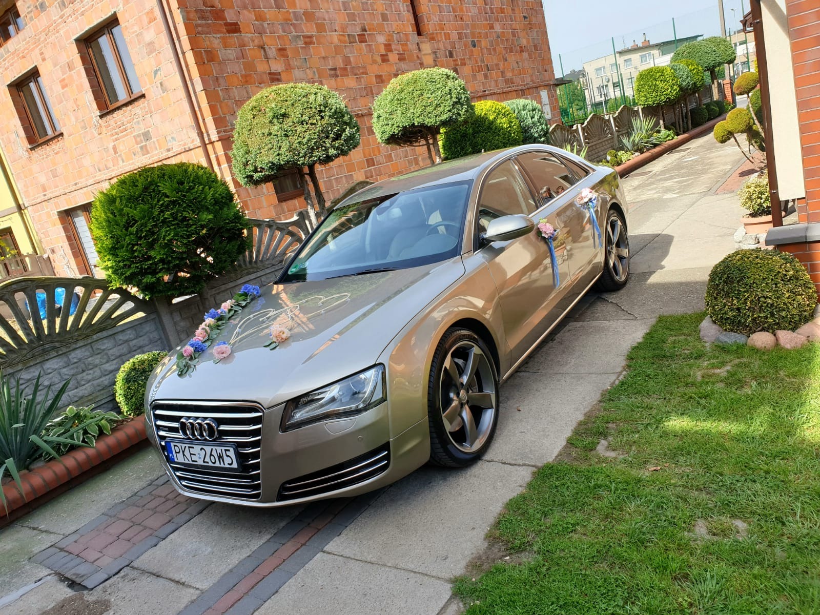 Złoty samochód Audi A8 udekorowany kwiatami i wstążkami, zaparkowany na podjeździe przed domem z cegły, obok zadbanych krzewów.