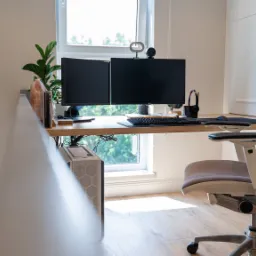 Nowoczesne biuro domowe z drewnianym biurkiem, dwoma monitorami, ergonomicznym krzesłem i komputerem stacjonarnym pod blatem, oświetlone naturalnym światłem z okna.