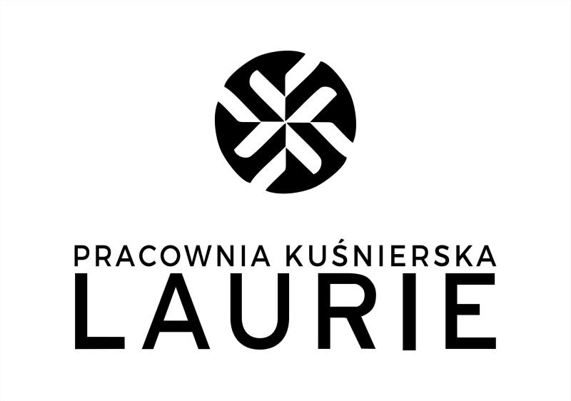 Logo firmy 'Pracownia Kuśnierska LAURIE' z abstrakcyjnym symbolem w kształcie koła z czterema stylizowanymi literami 'L' wewnątrz, czarne na białym tle.
