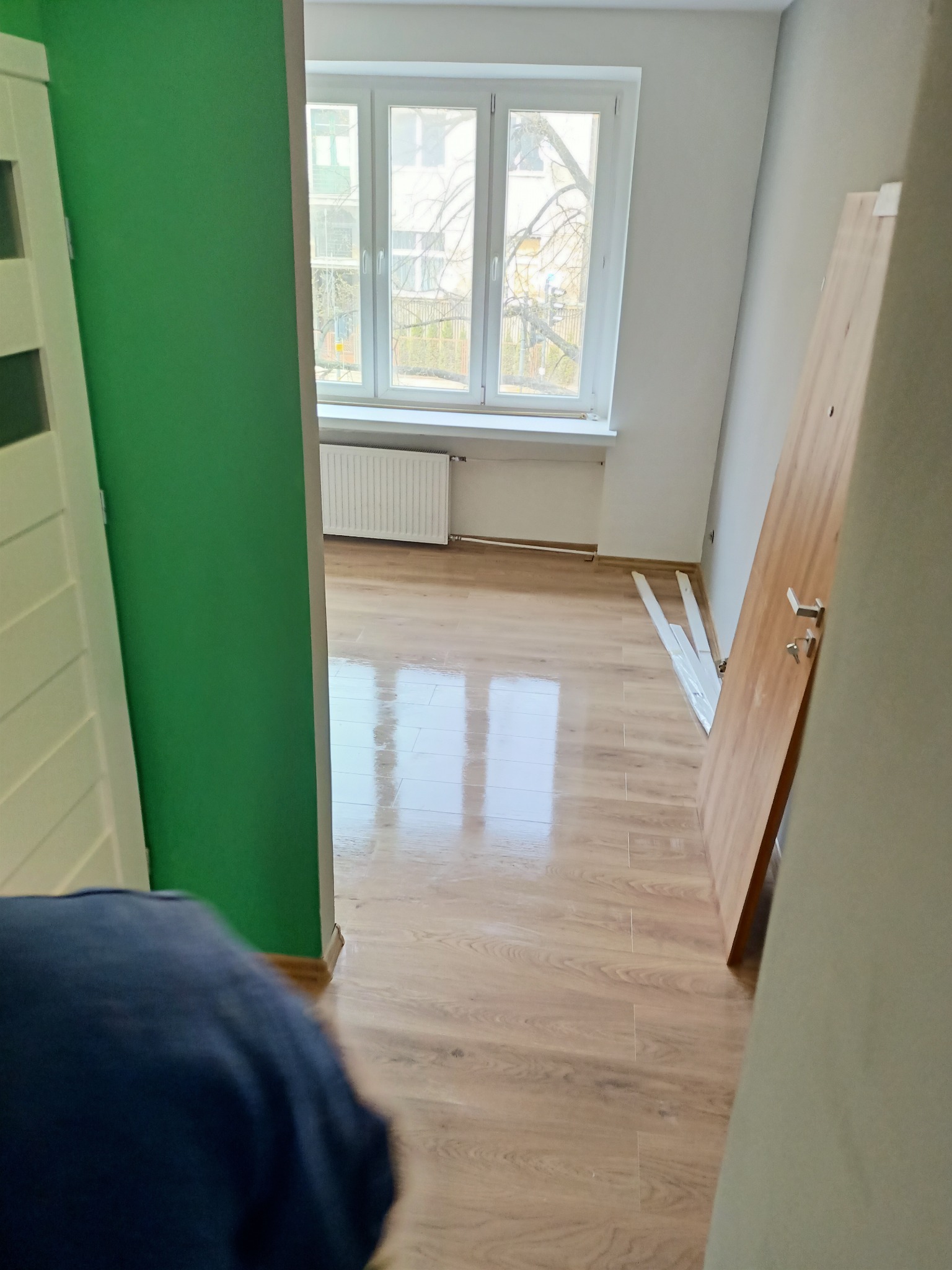 Świeżo położona, błyszcząca podłoga panelowa w pokoju z zieloną ścianą, widoczne okno, grzejnik oraz ościeżnica z drzwiami opartymi o ścianę.