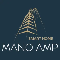 Graficzne logo firmy ManoAmp z motywem budynku i napisem SMART HOME na ciemnoniebieskim tle.