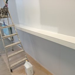 GRZEGORZ SOWIŃSKI FIRMA HANDLOWO USŁUGOWA INOWEST - Świeżo pomalowana, jasnoszara ściana z białą listwą przypodłogową. Obok stoi aluminiowa drabina z wiadrem i narzędziami malarskimi, a na podłodze biały pojemnik po farbie.