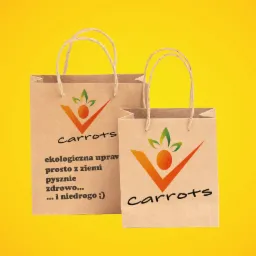 Dwie papierowe torby z uchwytami na żółtym tle. Na torbach widnieje logo z elementami roślinnymi i napisem 'Carrots' oraz hasło 'ekologiczna uprawa, prosto z ziemi, pysznie zdrowo... i niedrogo ;)'.