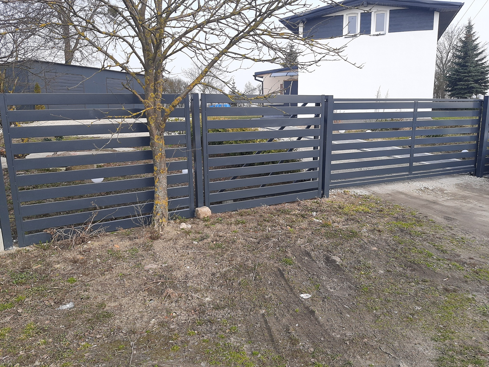 Nowoczesne, poziome ogrodzenie panelowe w kolorze grafitowym z bramą wjazdową, widoczne z zewnątrz posesji, z drzewem bez liści po lewej stronie i białym domem w tle.