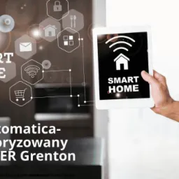 Grafika prezentująca koncepcję zarządzania domem za pomocą tabletu, z ikonami symbolizującymi różne funkcje i logo firmy Grenton.