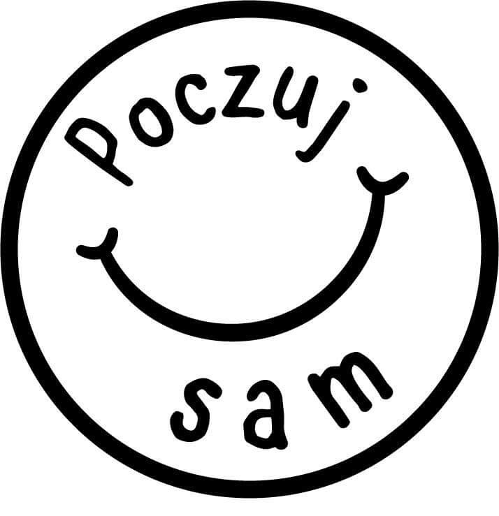 Czarno-biała grafika przedstawiająca okrągłą buźkę z napisem 'Poczuj sam' wewnątrz.