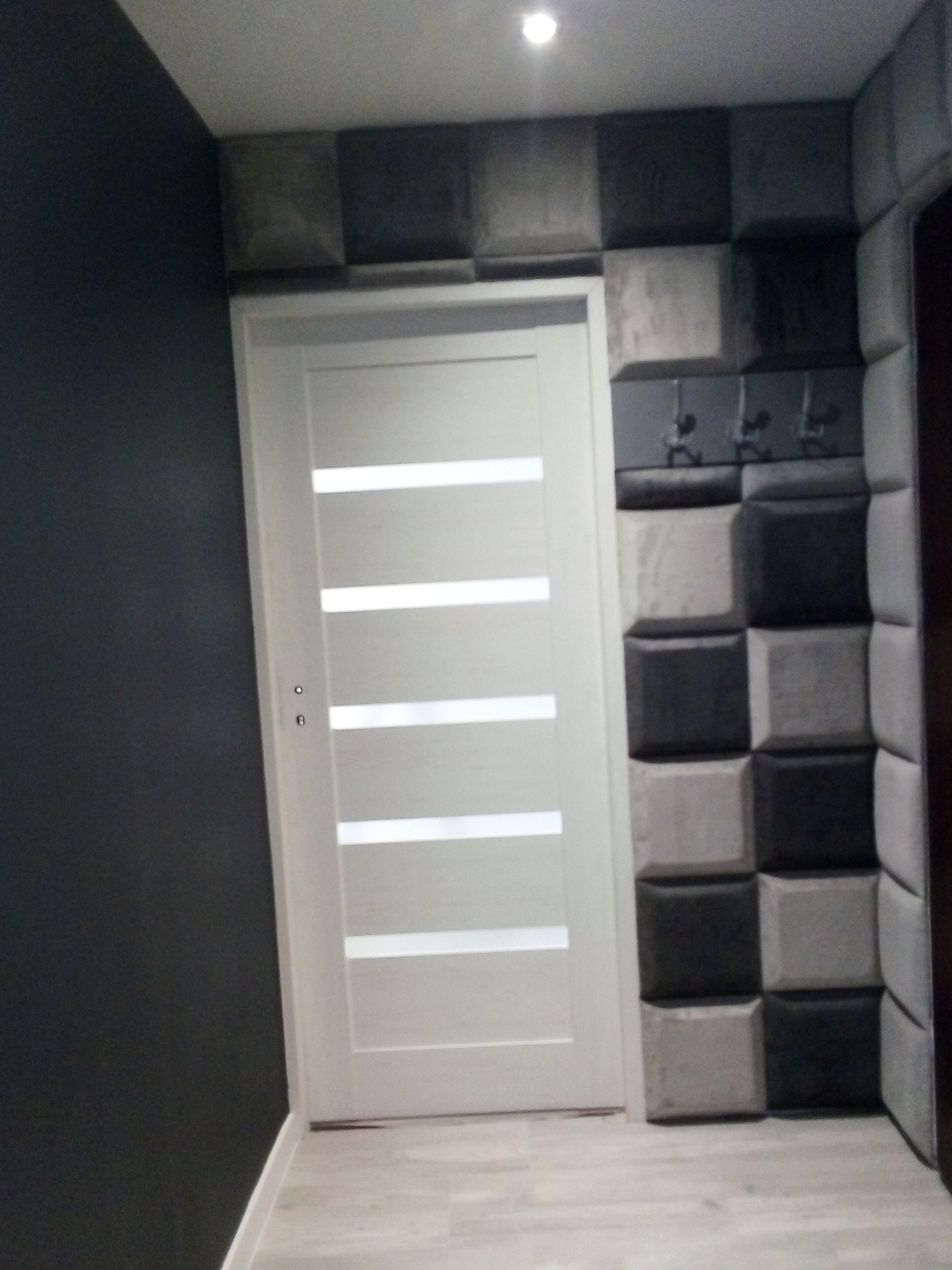 Białe drzwi z poziomymi przeszkleniami, zamontowane w wejściu z ciemnoszarą ścianą i dekoracyjnymi panelami ściennymi w odcieniach szarości z wieszakami na ubrania.