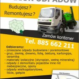 Reklama firmy Transprzęt oferującej odbiór odpadów, prezentująca białą ciężarówkę z zielonym kontenerem, mapę regionu oraz listę odbieranych odpadów budowlanych i poremontowych.