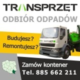 Grafika reklamowa firmy Transprzęt oferującej odbiór odpadów, z wizualizacją ciężarówki z zielonym kontenerem, hasłami 'Budujesz? Remontujesz?' oraz 'Zamów kontener' i numerem telefonu.