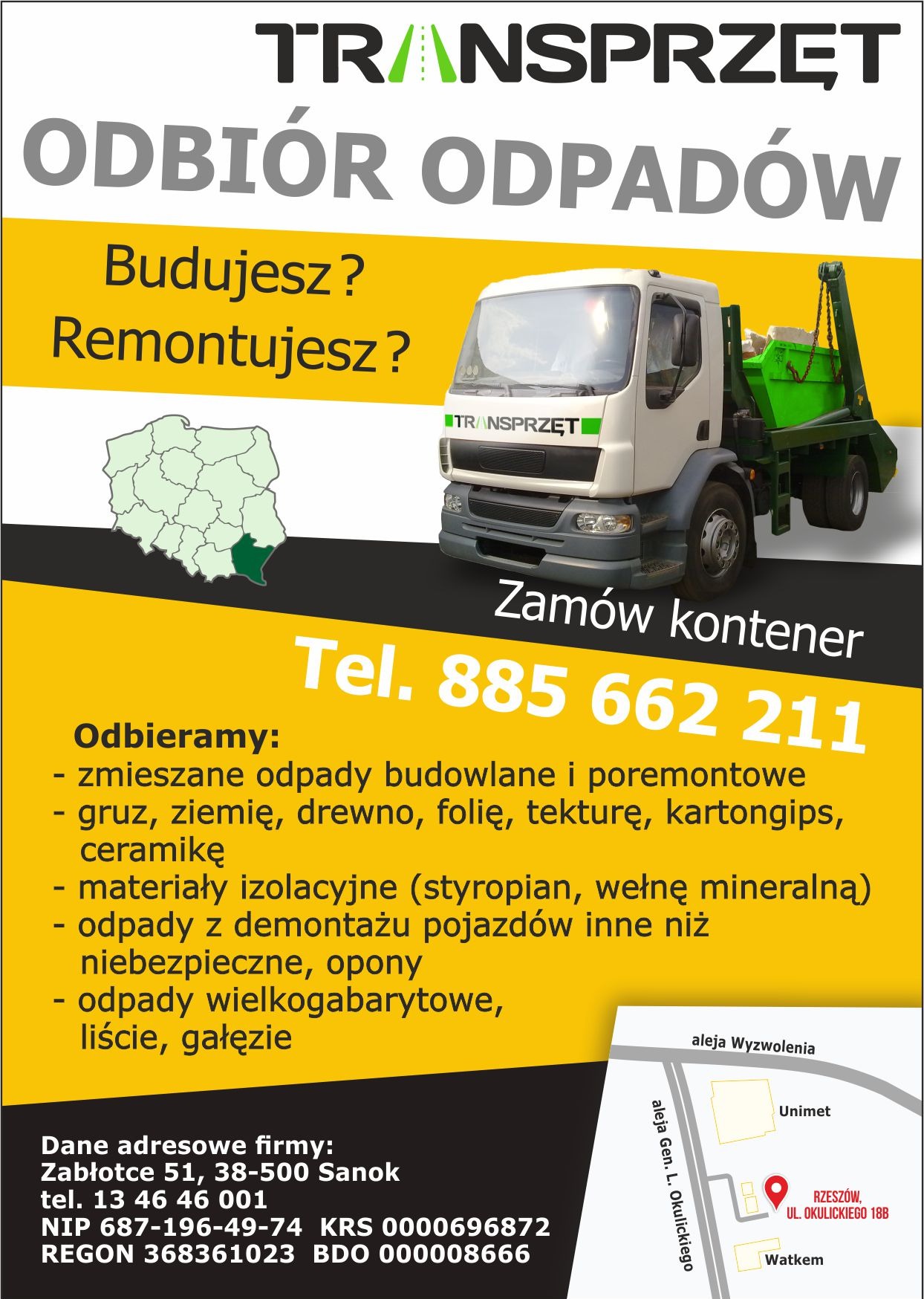 Reklama firmy Transprzęt oferującej odbiór odpadów, prezentująca białą ciężarówkę z zielonym kontenerem, mapę regionu oraz listę odbieranych odpadów budowlanych i poremontowych.