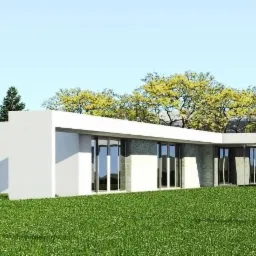 Wizualizacja parterowego budynku z płaskim dachem, dużymi przeszkleniami i elewacją w odcieniach bieli i szarości, otoczonego zielonym trawnikiem i drzewami.