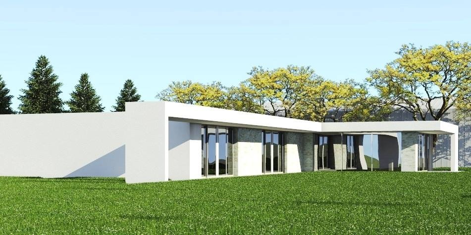 Wizualizacja parterowego budynku z płaskim dachem, dużymi przeszkleniami i elewacją w odcieniach bieli i szarości, otoczonego zielonym trawnikiem i drzewami.