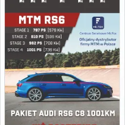 Grafika reklamowa pakietu Audi RS6 C8 1001KM firmy MTM, prezentująca niebieskie kombi z czerwonymi akcentami na tle toru wyścigowego, z informacją o czterech etapach modyfikacji mocy silnika i logo...