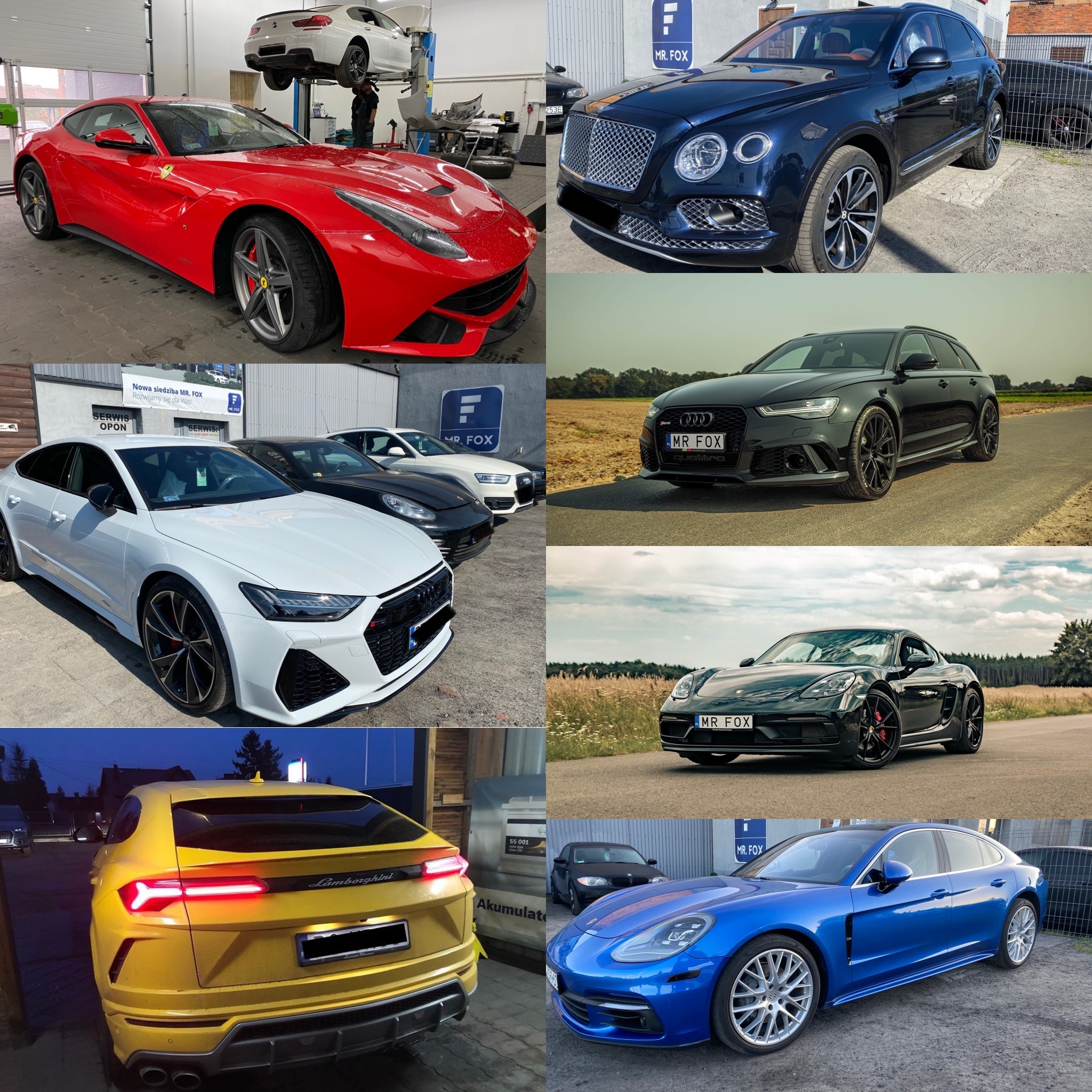 Kolaż luksusowych samochodów różnych marek, w tym czerwone Ferrari na podnośniku w warsztacie, granatowy Bentley, białe i czarne Audi, czarny Porsche i żółte Lamborghini, niektóre z widocznymi...