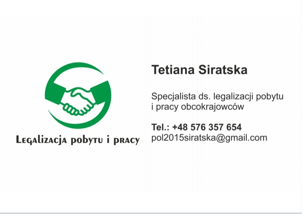 Wizytówka specjalisty ds. legalizacji pobytu i pracy obcokrajowców z zielonym logo uścisku dłoni.