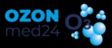 Logo firmy Ozon med24 z graficznym przedstawieniem cząsteczek ozonu (O3) w odcieniach niebieskiego na czarnym tle.