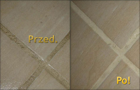 Porównanie stanu fug na beżowych płytkach podłogowych przed i po czyszczeniu, z widocznym kontrastem zabrudzeń usuniętych z fug.