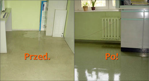 Porównanie stanu podłogi w biurze przed i po czyszczeniu: po lewej stronie widoczne plamy i zabrudzenia, po prawej – lśniąca, czysta powierzchnia z odbiciem światła.