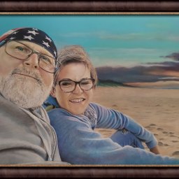 Rajmund Kionka - Portret olejny pary na plaży o zachodzie słońca, wykonany w Katowicach, oprawiony w ramę.