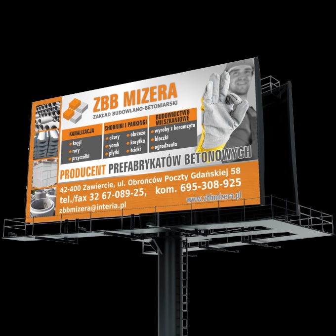Billboard reklamowy firmy ZBB Mizera, producenta prefabrykatów betonowych. Na billboardzie widoczne hasła: Kanalizacja, Chodniki i parkingi, Budownictwo mieszkaniowe oraz zdjęcia produktów firmy...