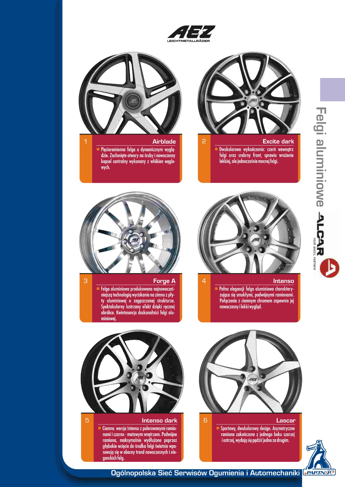 Katalog felg aluminiowych marki AEZ, prezentujący sześć różnych modeli o zróżnicowanym designie i wykończeniu, na jednolitym tle.