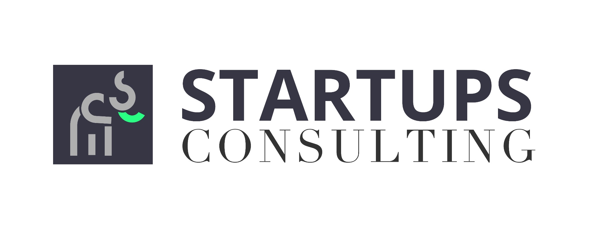 Logo firmy Startups Consulting, featuring stylized elephant icon with chart-like legs and a green semi-circle above, next to the company name in bold, dark gray font.