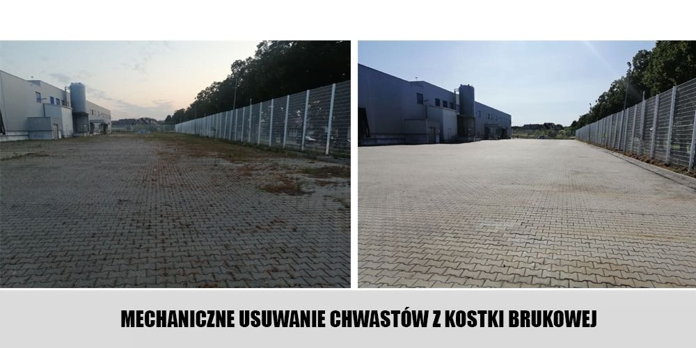 Porównanie stanu kostki brukowej przed i po mechanicznym usunięciu chwastów na terenie przemysłowym, widoczne budynki magazynowe i ogrodzenie panelowe.