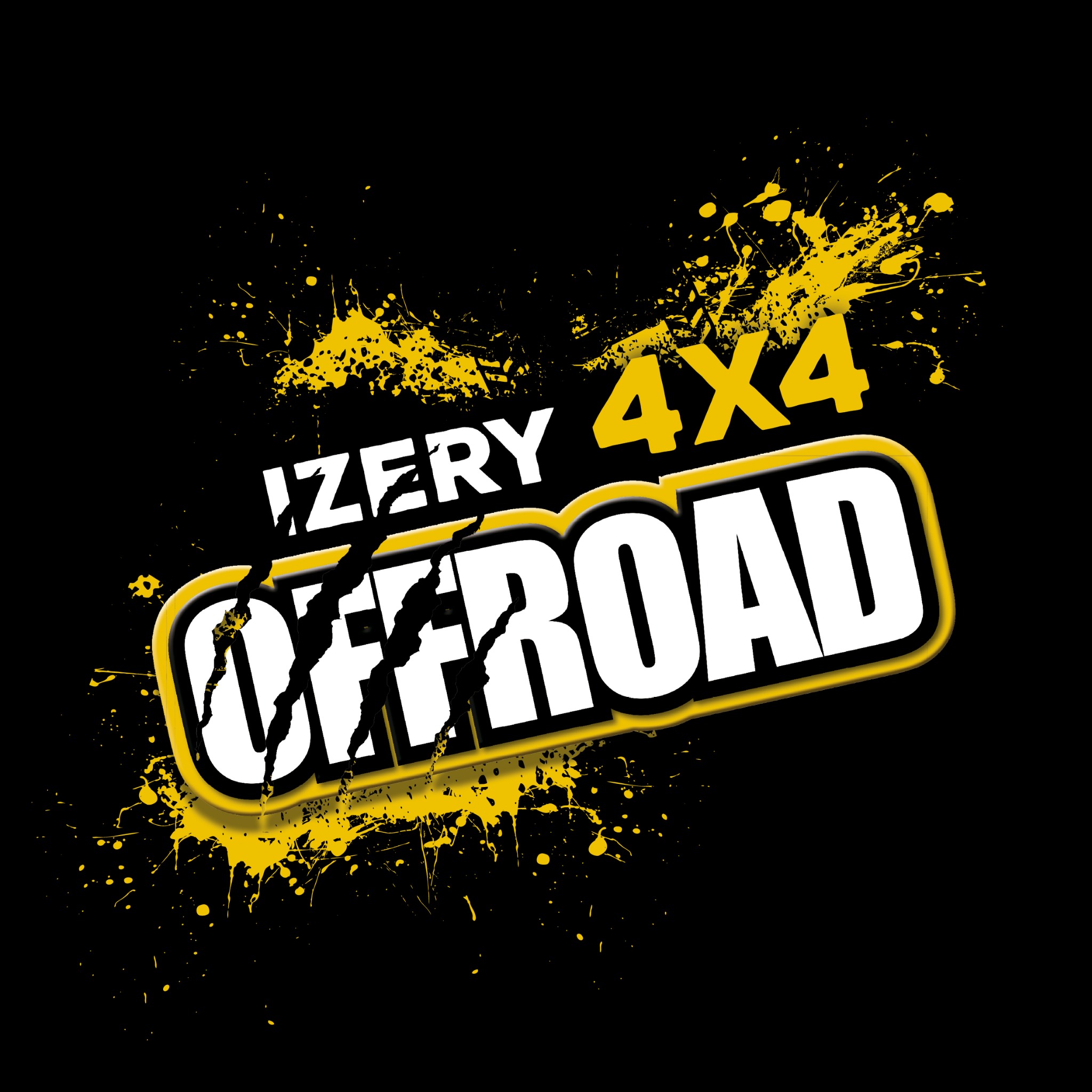 Grafika z napisem 'IZERY 4x4 OFFROAD' w białych literach z żółtym obramowaniem, otoczona żółtymi plamami i śladami pazurów na czarnym tle.