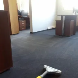 Fragment biura z ciemną wykładziną dywanową, na której widoczne są ślady po czyszczeniu, z dyszą odkurzacza piorącego w dolnej części kadru.