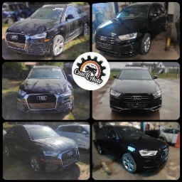 Kolaż przedstawiający czarne Audi Q3 przed i po naprawie blacharsko-lakierniczej, z widocznymi uszkodzeniami karoserii przed naprawą i idealnym wykończeniem lakierniczym po niej; w centrum logo firmy.