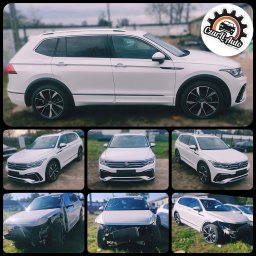 Czarli Auto - Kolaż zdjęć białego samochodu Volkswagen Tiguan, prezentujący stan przed i po naprawie, z logo warsztatu w prawym górnym rogu.