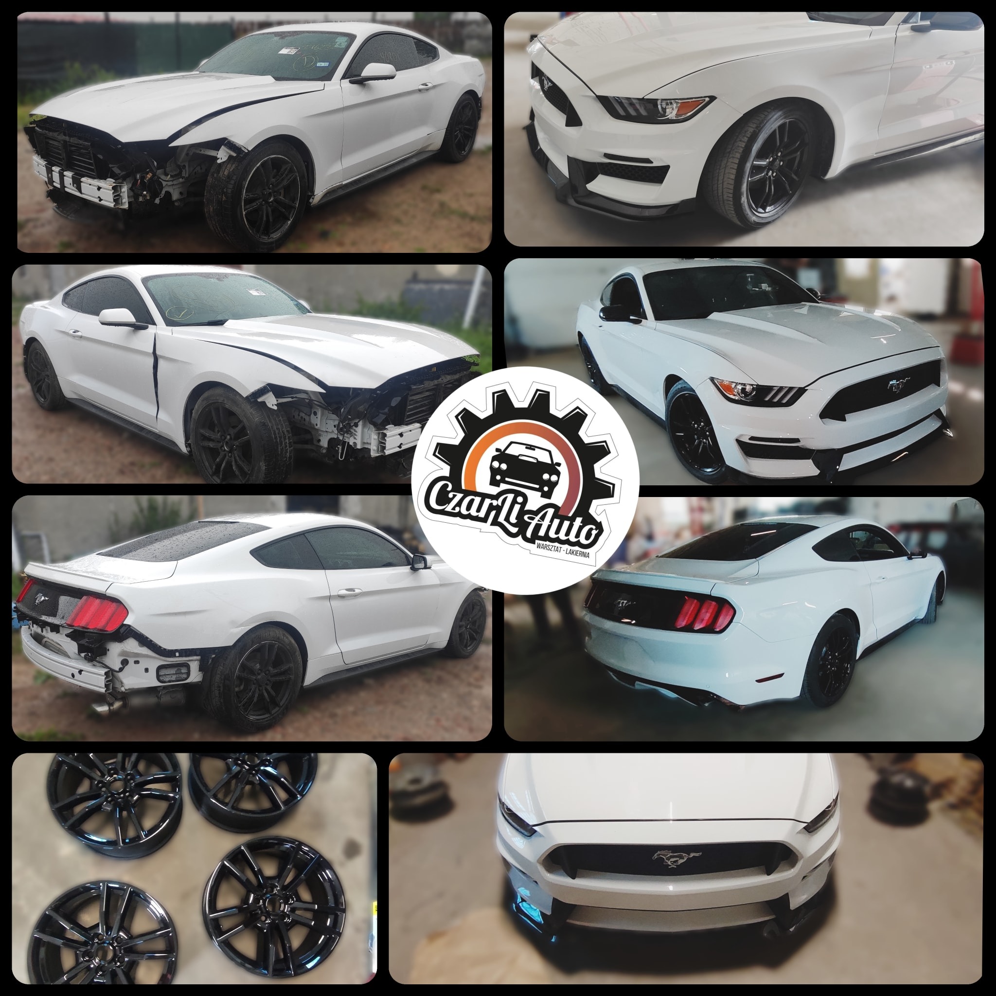 Montaż kolażu prezentującego białe auto sportowe przed i po naprawie blacharskiej i lakierniczej, z logo warsztatu pośrodku.
