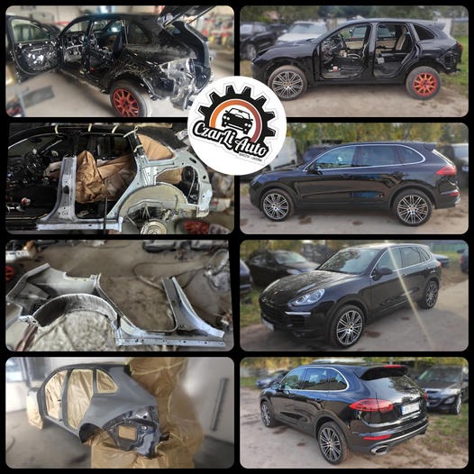 Montaż zdjęć przedstawiających proces naprawy blacharsko-lakierniczej czarnego Porsche Cayenne: od uszkodzonego nadwozia zdemontowanego do szkieletu, przez przygotowanie elementów do lakierowania...