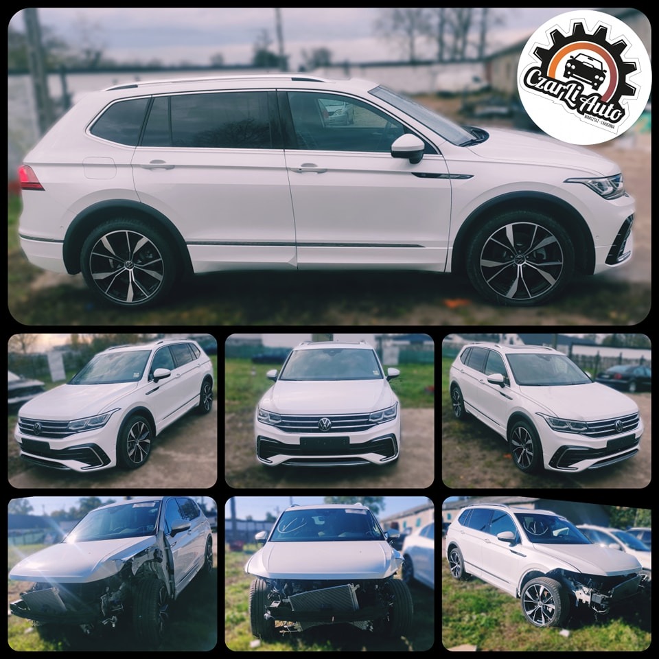 Kolaż zdjęć białego samochodu Volkswagen Tiguan, prezentujący stan przed i po naprawie, z logo warsztatu w prawym górnym rogu.