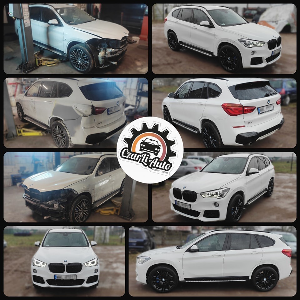 Montaż zdjęć przedstawiający białe BMW X1 przed i po naprawie uszkodzeń karoserii, widoczne na podnośniku warsztatowym oraz w stanie po naprawie, z logo firmy Czart-Li Auto w centrum.