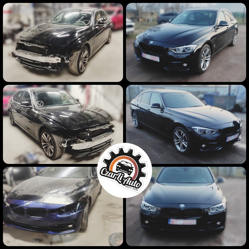 Kolaż przedstawiający czarne BMW serii 3 przed i po naprawie uszkodzeń karoserii, z logo firmy Czarl'i Auto w centrum.