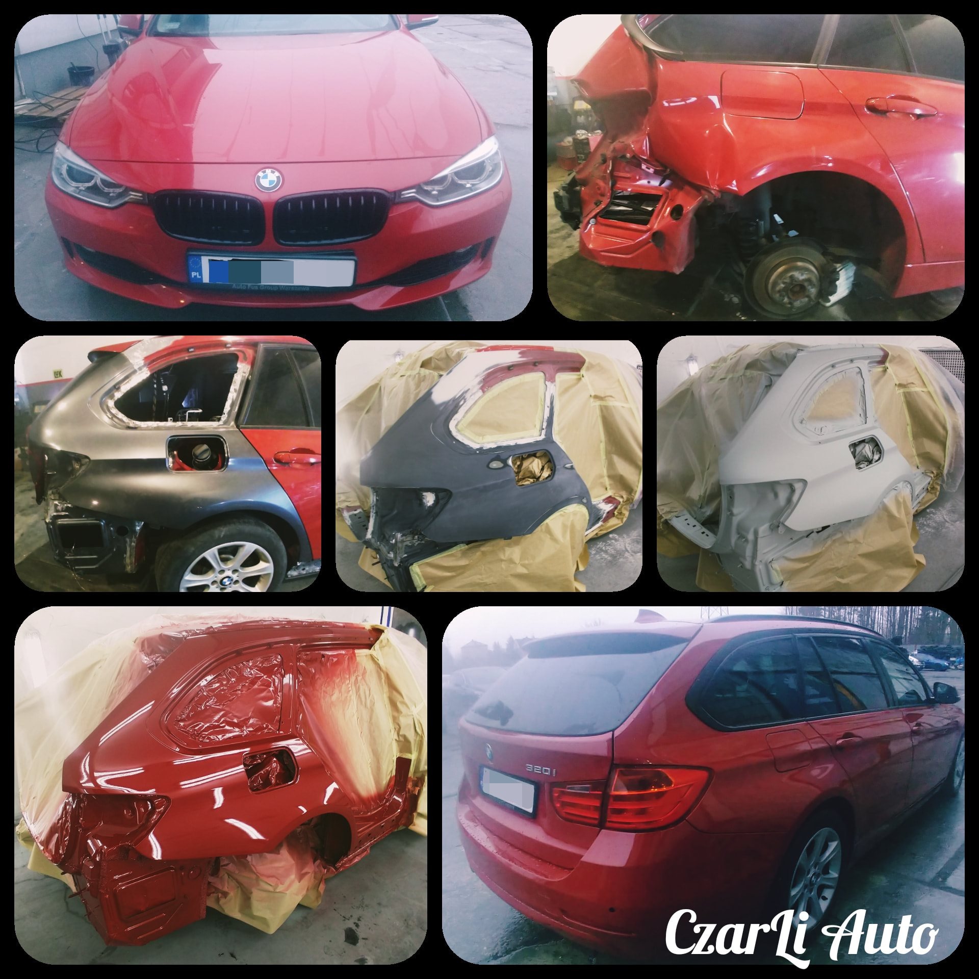 Montaż zdjęć przedstawiających proces naprawy czerwonego BMW 320i: uszkodzony tył, naprawa blacharska, szpachlowanie, lakierowanie oraz efekt końcowy.
