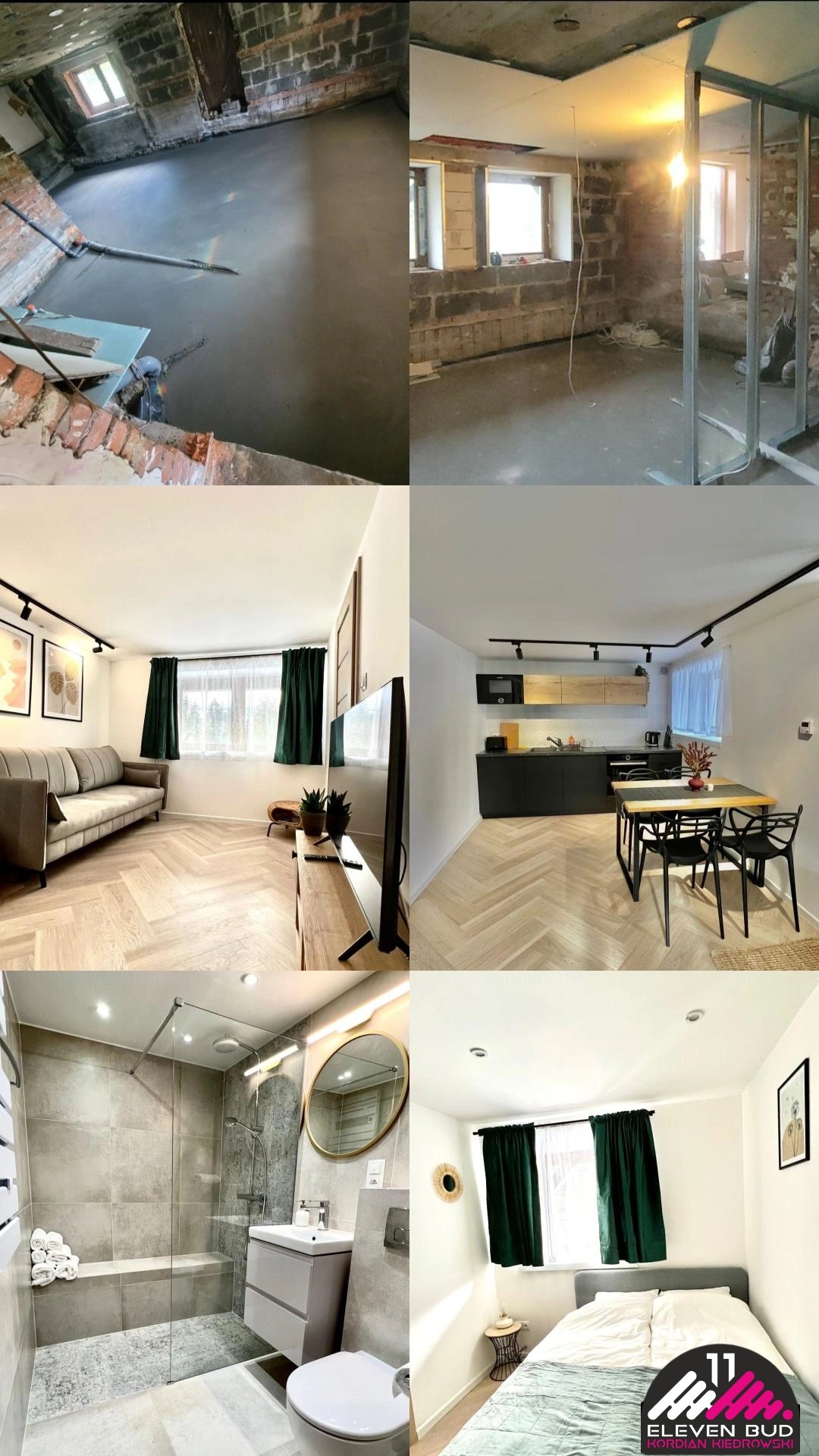 Montaż wylewki samopoziomującej w surowym wnętrzu, następnie etap budowy ścianek działowych, salon z szarą sofą i telewizorem, kuchnia z czarnymi szafkami i drewnianym blatem, łazienka z kabiną...