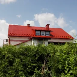 Dom jednorodzinny z intensywnie czerwonym, blachodachówkowym dachem, częściowo zasłonięty przez gęsty, zielony żywopłot i krzewy, na tle błękitnego nieba z białymi obłokami.