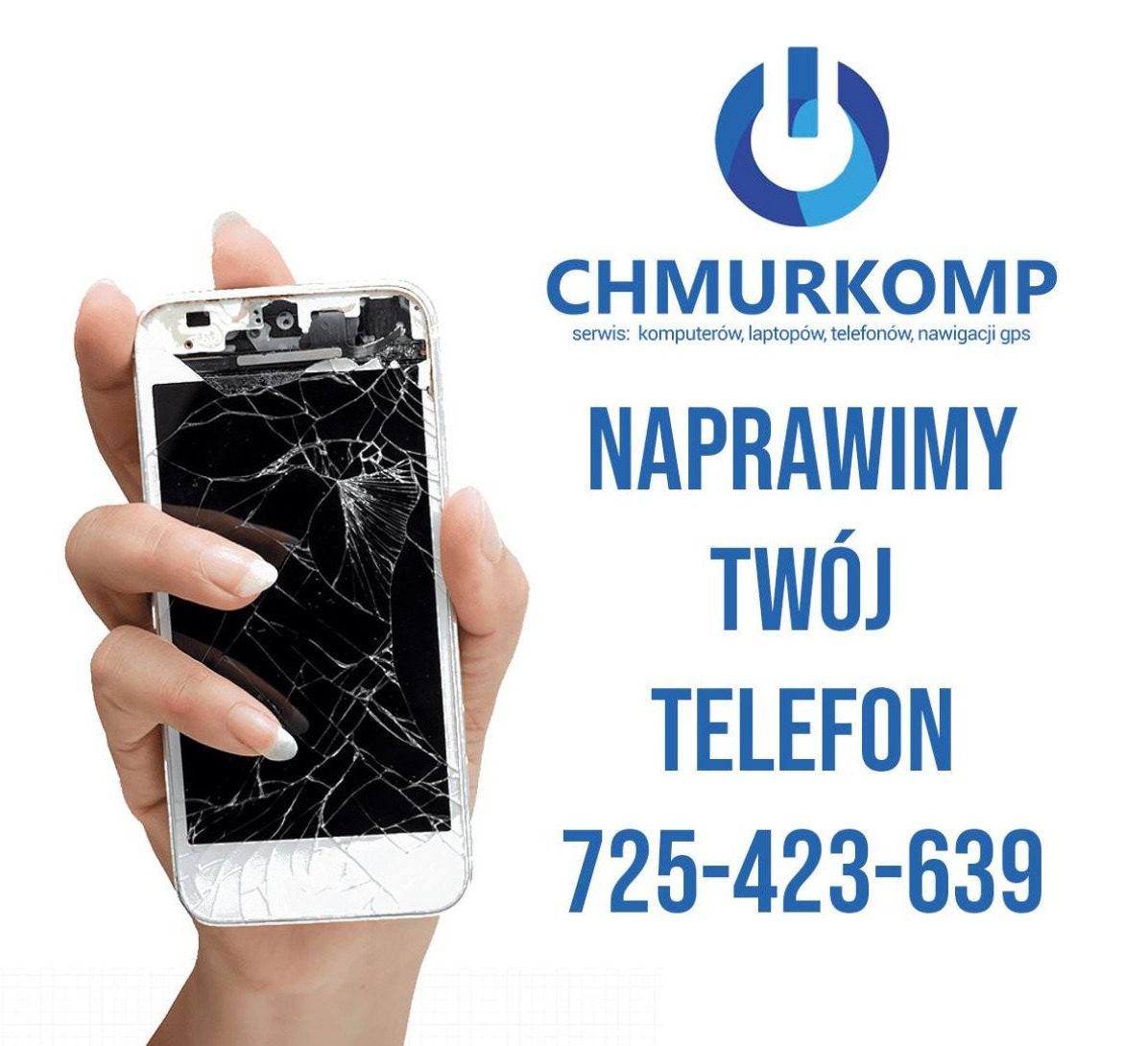 Dłoń trzyma uszkodzony telefon z pękniętym ekranem na tle reklamy serwisu naprawczego.