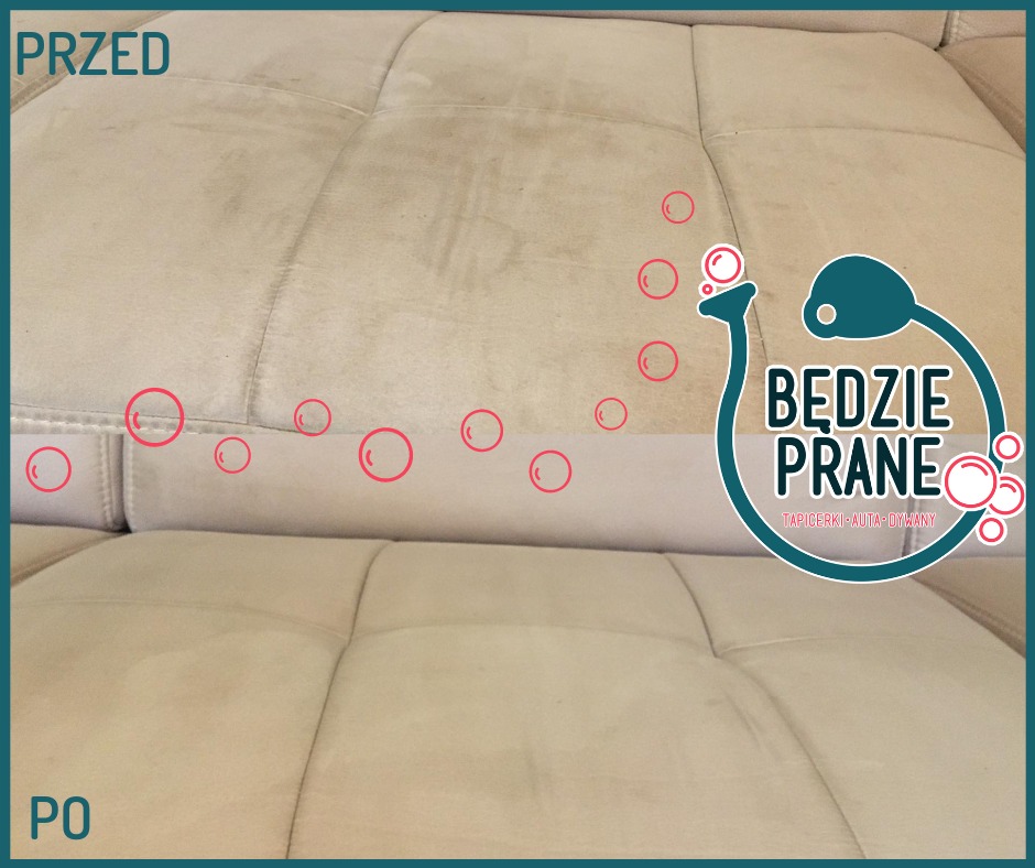Beżowa sofa narożna podzielona na dwie części: górna pokazuje stan 'PRZED' z widocznymi zabrudzeniami, dolna 'PO' czysta, z logo 'BĘDZIE PRANE' z grafiką kropli i napisem 'TAPICERKI - AUTA - DYWANY'.