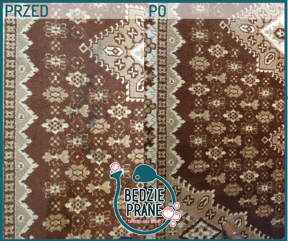 Brązowy dywan z orientalnym wzorem, widok przed i po czyszczeniu, z widocznym logo firmy czyszczącej.