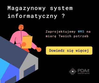 Grafika reklamowa z uproszczoną ilustracją osoby trzymającej teczkę, hasłem 'Magazynowy system informatyczny?' i tekstem 'Zaprojektujemy WMS na miarę Twoich potrzeb' oraz przyciskiem 'Dowiedz się...