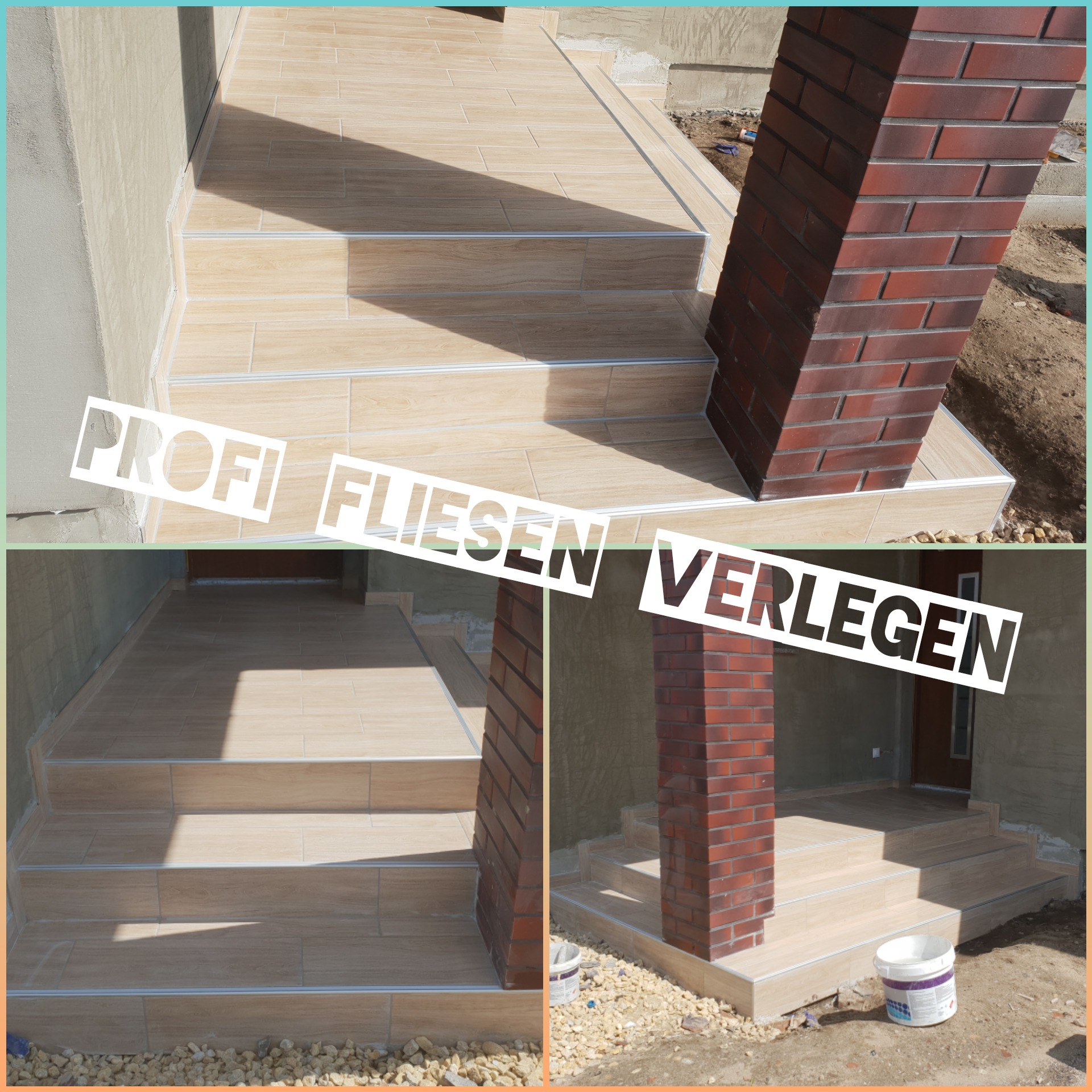 Wyłożone płytkami schody wejściowe z ceglanym filarem i listwami wykończeniowymi, widoczne ślady prac remontowych na elewacji.