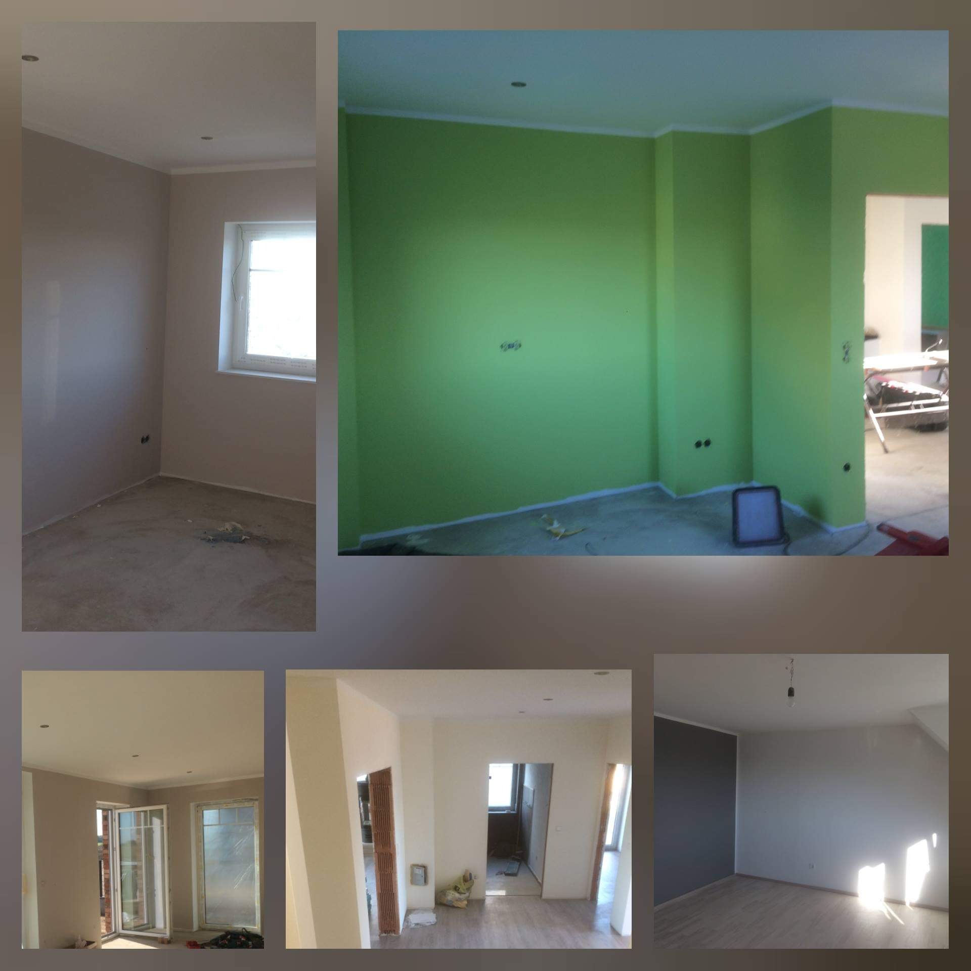 Kolaż zdjęć z różnych pomieszczeń w trakcie malowania ścian na różne kolory, widoczne przygotowania do malowania, surowy stan posadzek, oraz elementy dekoracyjne jak listwy przysufitowe.